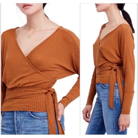 NWT We the Free East Coast Top Ribbed Spice Surplice V-Neck Waist Tie SZ XS - Picture 2 of 16